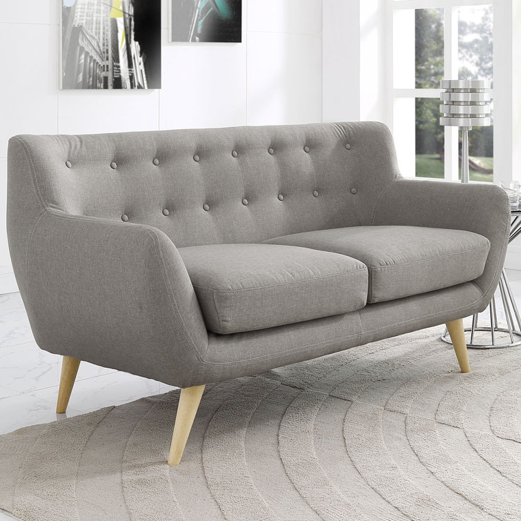 Light Gray Tufted Fabric Loveseat with Wood Legs