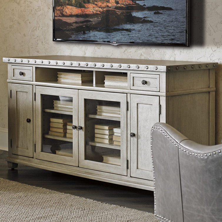 Gray Transitional Media Console with Cabinet and Drawers