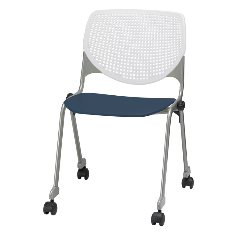 Navy and White Armless Metal Stacking Chair with Casters