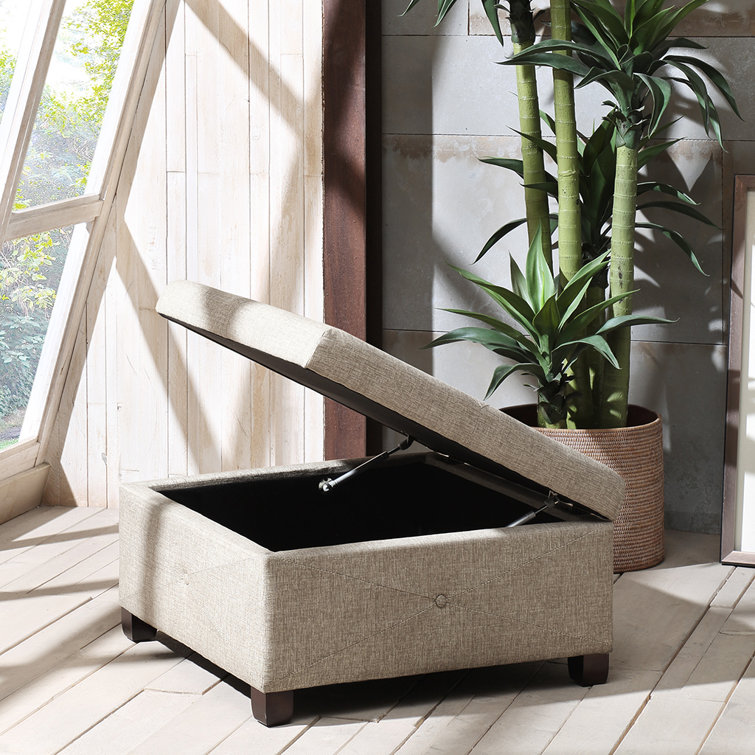 Beige Tufted Square Storage Ottoman with Graduated Legs