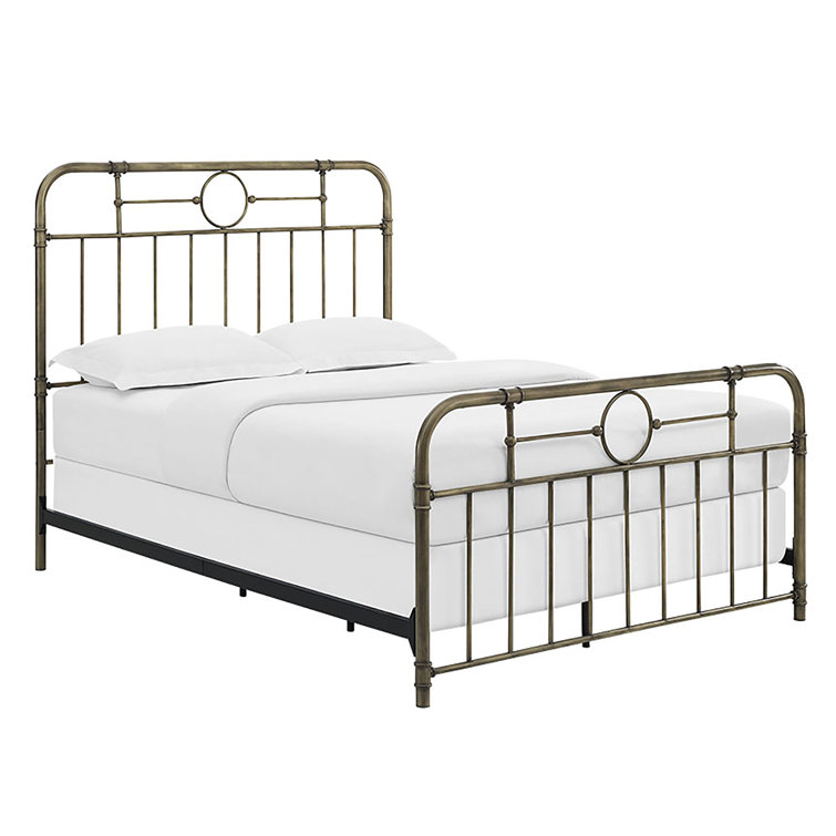 Bronze Queen Metal Frame Bed with Upholstered Headboard