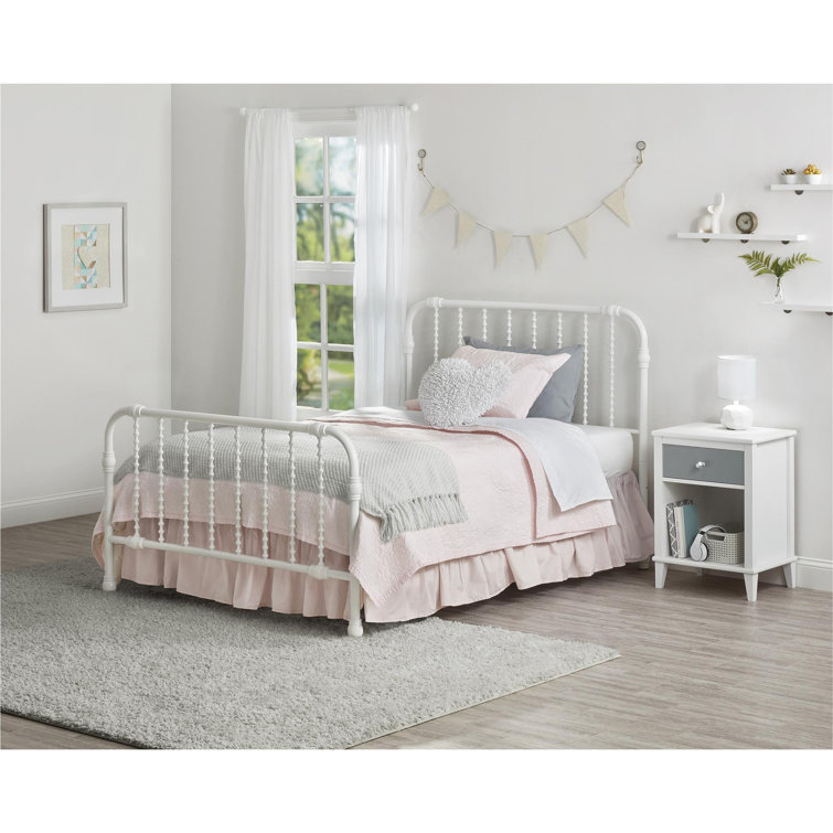 White Full Metal Bed Frame with Drawer and Scroll Design