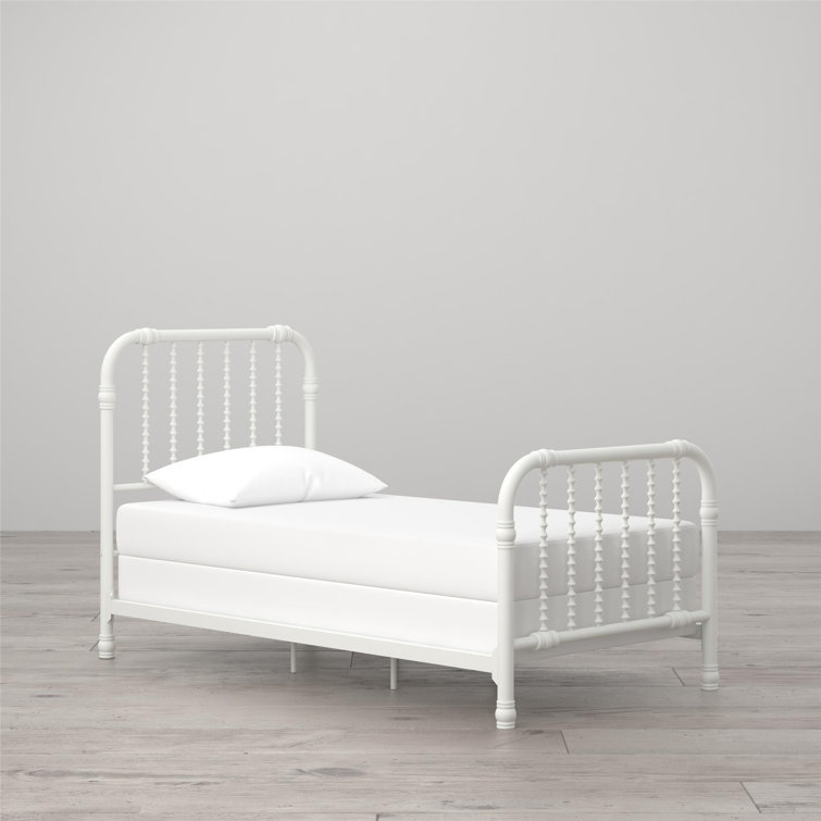 White Full Metal Bed Frame with Drawer and Scroll Design