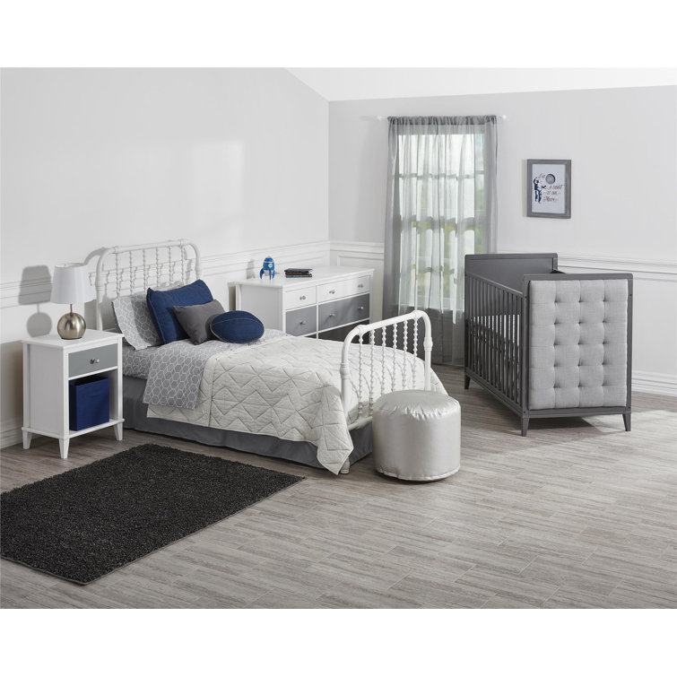 White Full Metal Bed Frame with Drawer and Scroll Design