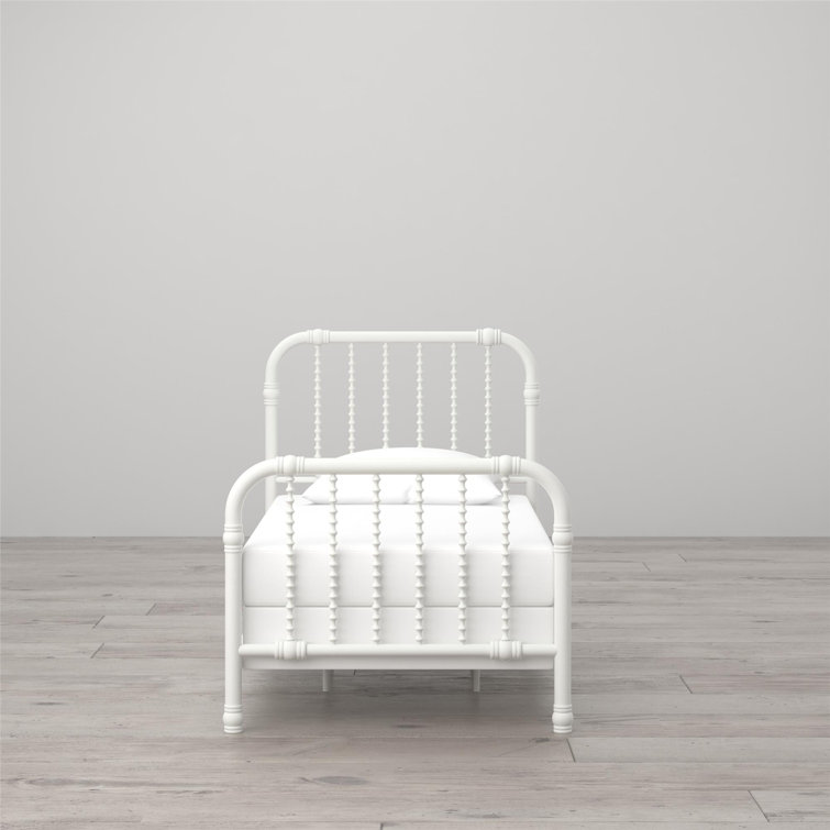White Full Metal Bed Frame with Drawer and Scroll Design