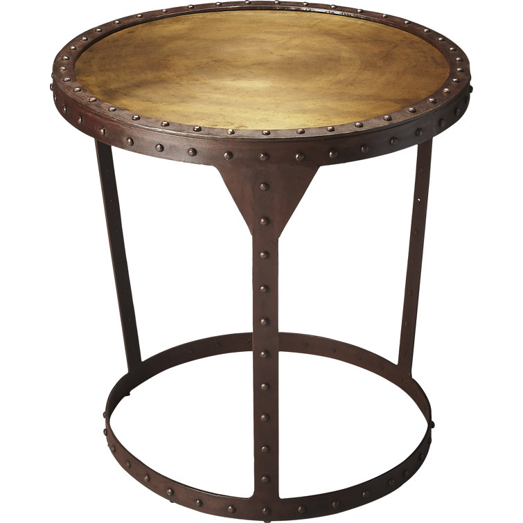 Bronze Brown and Golden Circular Iron and Wood End Table