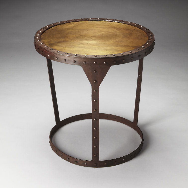 Bronze Brown and Golden Circular Iron and Wood End Table