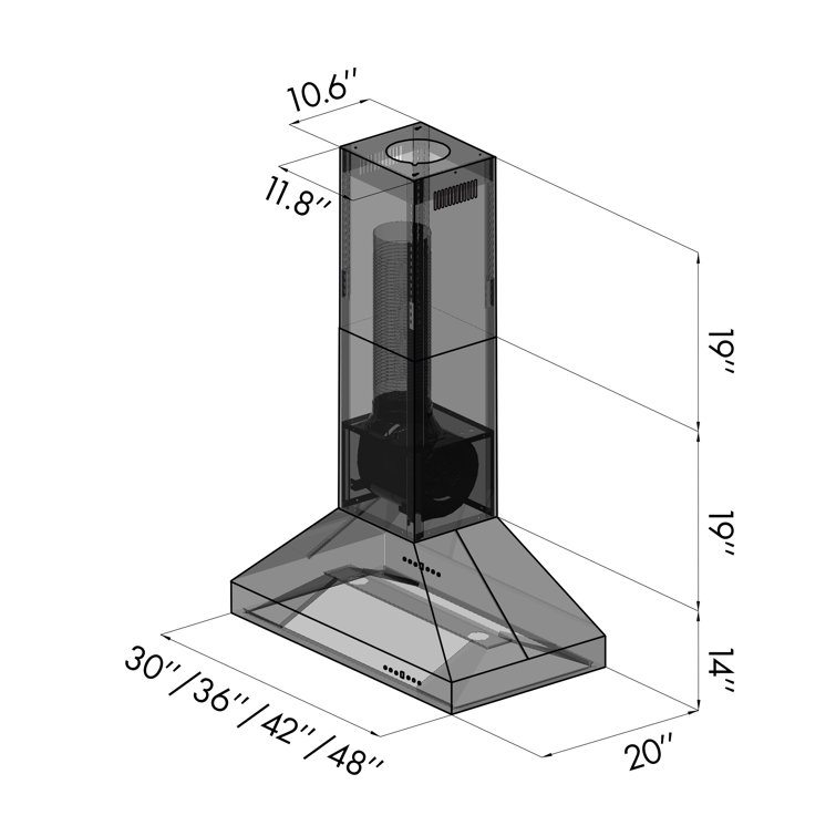36'' Stainless Steel Convertible Island Range Hood with Charcoal Filter