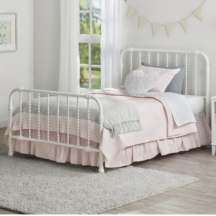 White Full Metal Bed Frame with Drawer and Scroll Design