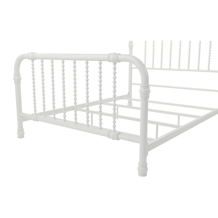White Full Metal Bed Frame with Drawer and Scroll Design
