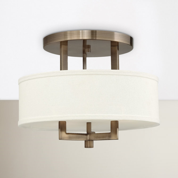 Brushed Bronze 26" Drum Semi-Flush Mount with Off-White Linen Shade