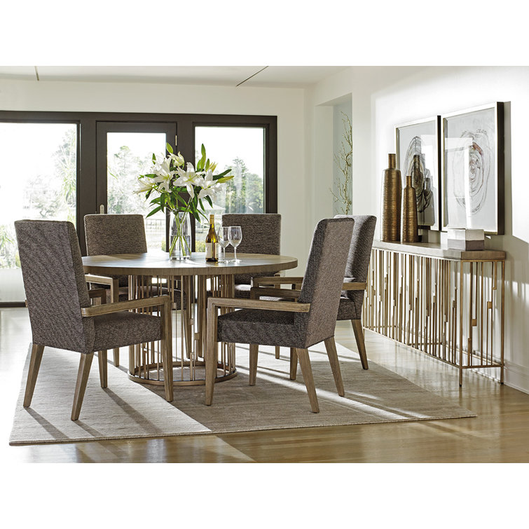 Contemporary 60" Beige & Silver Round Wood & Glass Dining Table