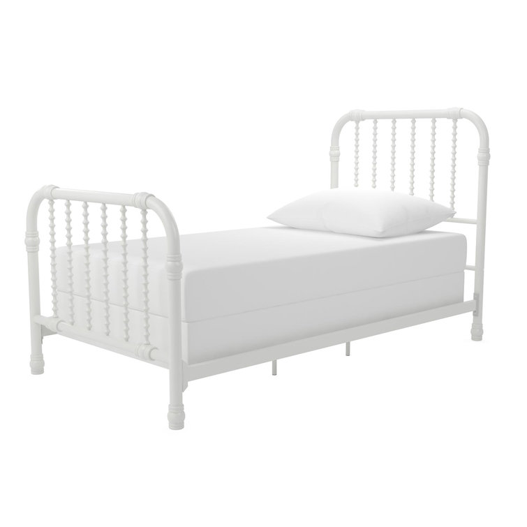 White Full Metal Bed Frame with Drawer and Scroll Design
