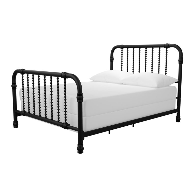 White Full Metal Bed Frame with Drawer and Scroll Design