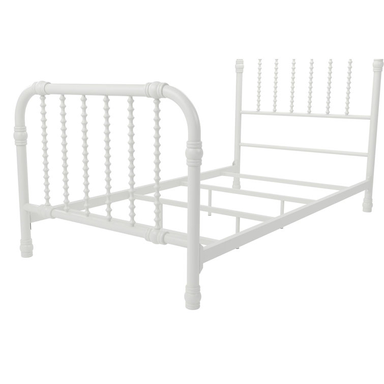 White Full Metal Bed Frame with Drawer and Scroll Design
