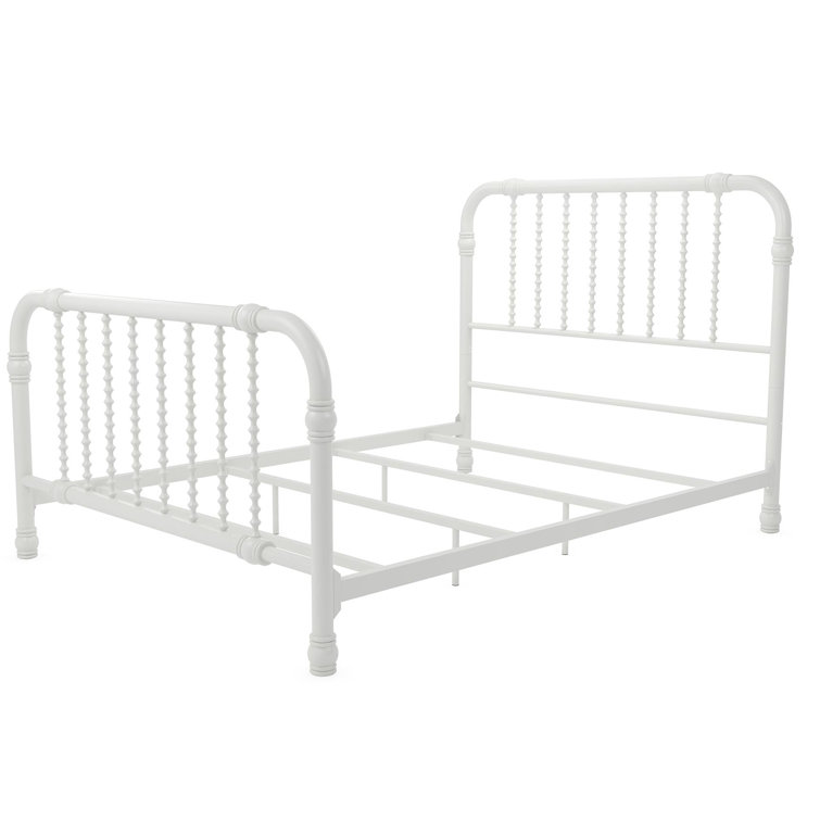 White Full Metal Bed Frame with Drawer and Scroll Design