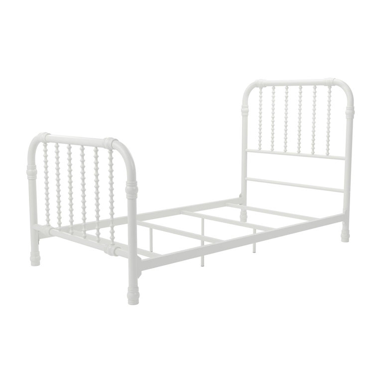 White Full Metal Bed Frame with Drawer and Scroll Design