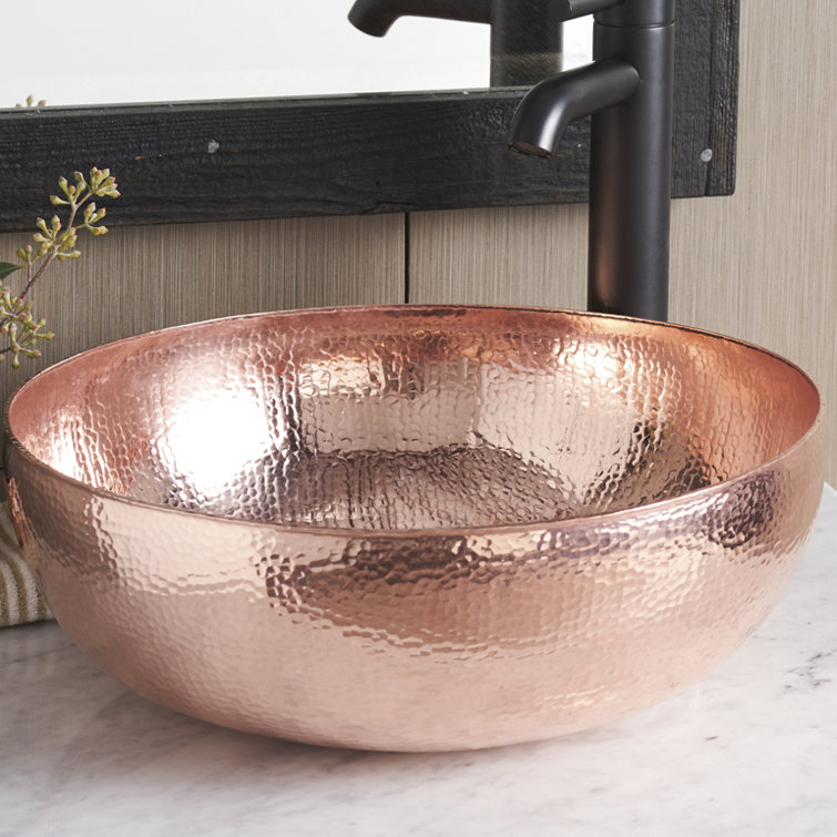 Polished Copper Round Vessel Sink with Hammered Finish