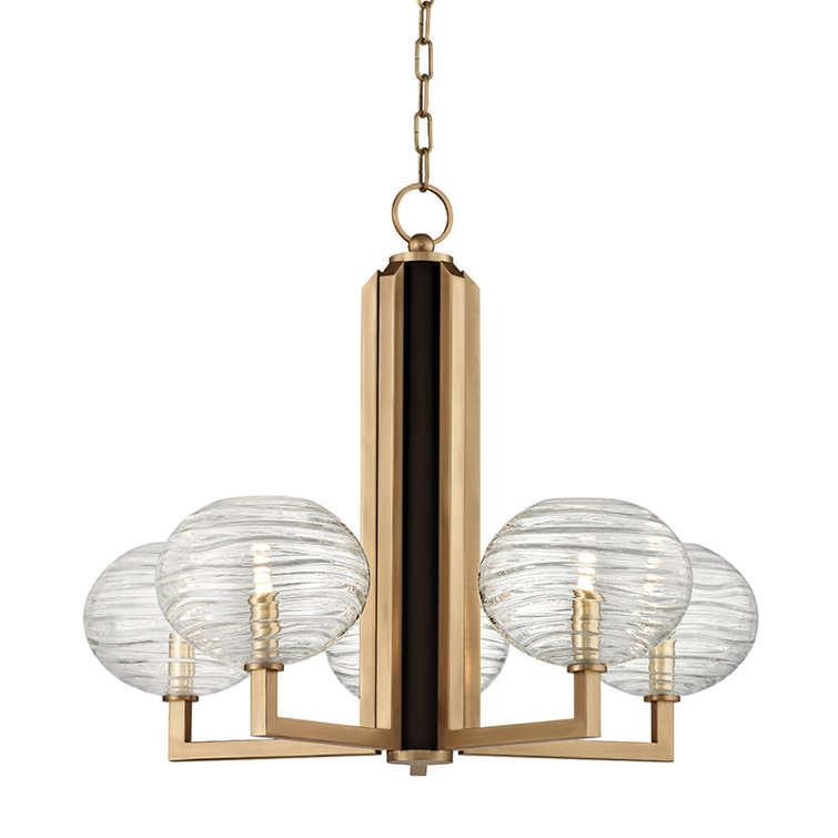 Aged Brass 5-Light Chandelier with Hand-Blown Glass Shades