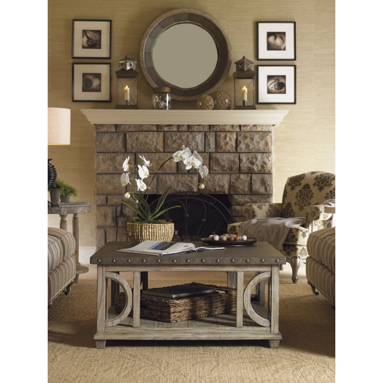 Elegant Traditional Square Wood and Metal Cocktail Table in Taupe-Gray