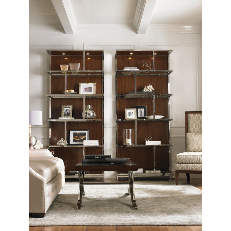 Transitional Loren 56'' Walnut and Polished Metal Cocktail Table with Storage