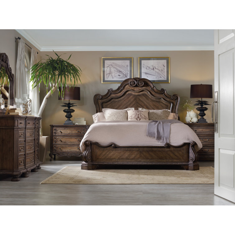 King Brown Wood Traditional Panel Bed with Drawers