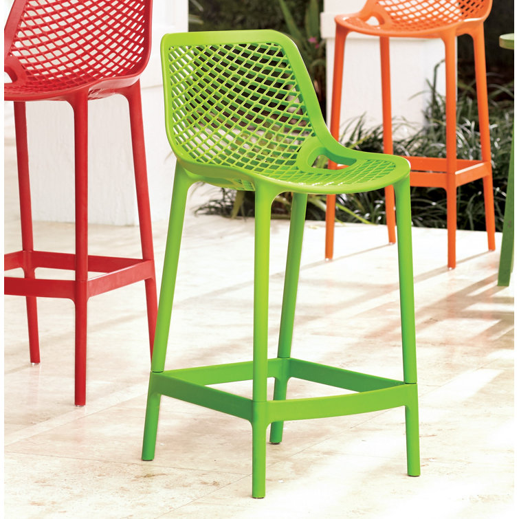 Tropical Green Plastic Outdoor Bar Stools with Footrest - Set of 2