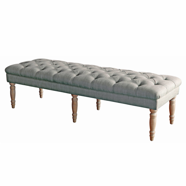 Layla 65'' Gray Tufted Fabric Bench with Turned Wood Legs