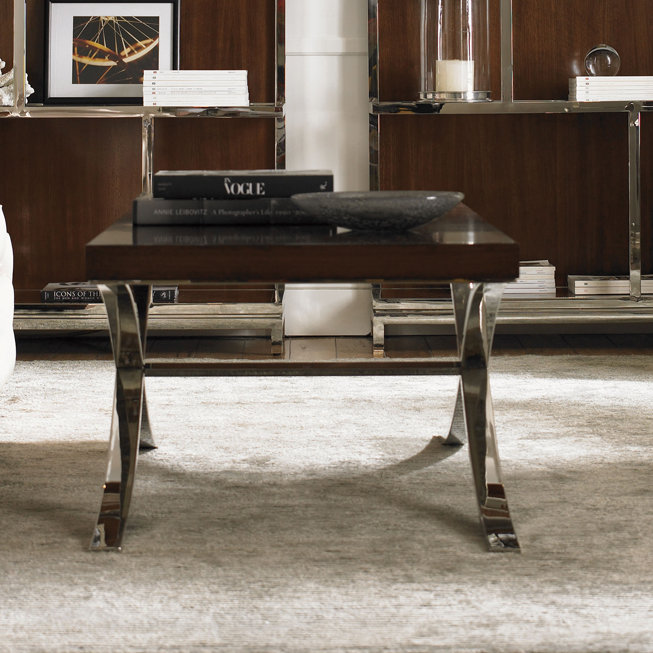 Transitional Loren 56'' Walnut and Polished Metal Cocktail Table with Storage