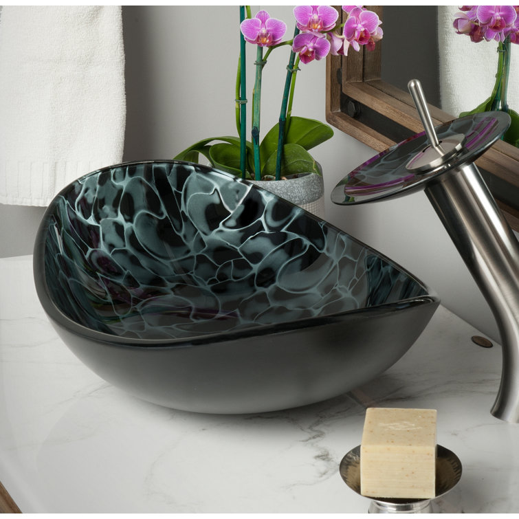 Black and Silver Oval Glass Above-Counter Vessel Sink