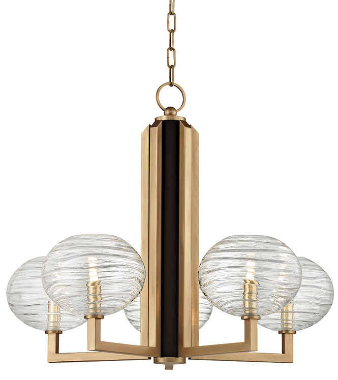 Aged Brass 5-Light Chandelier with Hand-Blown Glass Shades