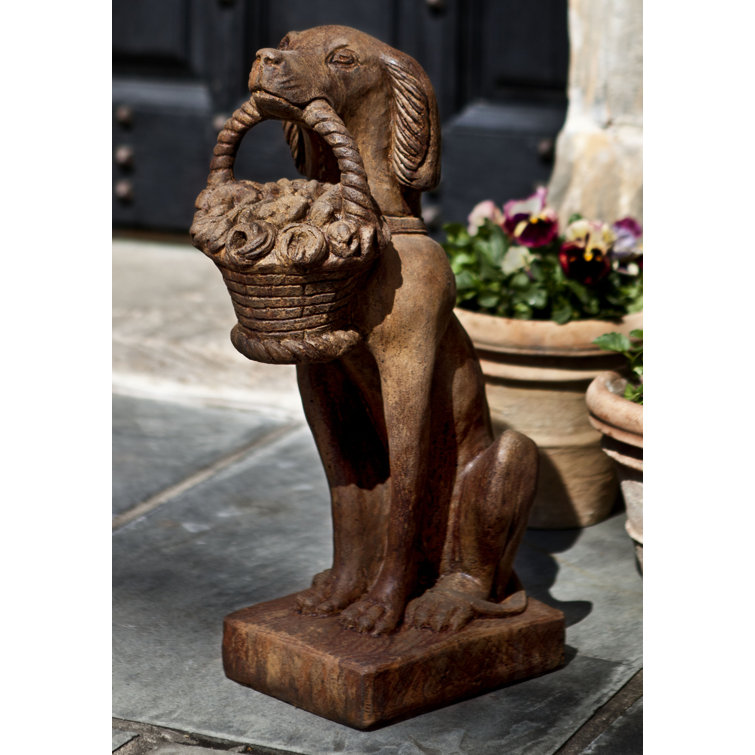 Natural Aged Stone Vintage Dog with Basket Statue