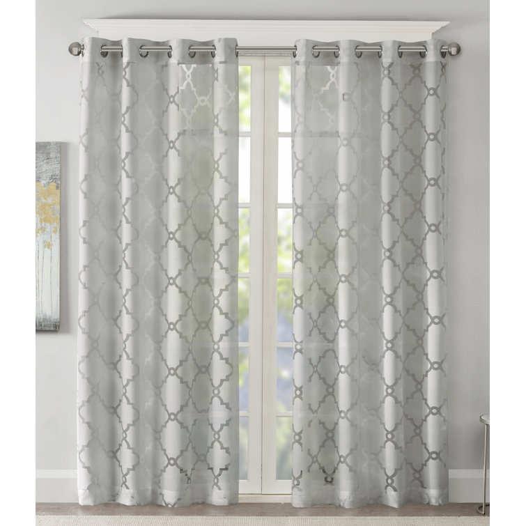 Gray Sheer Grommet Top Fretwork Curtain Panel 50x95