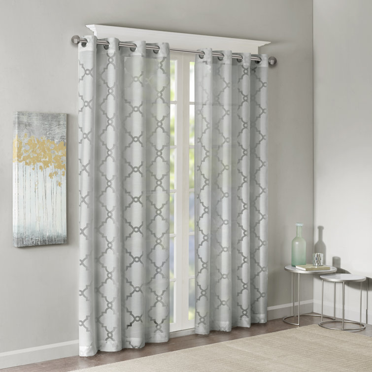 Gray Sheer Grommet Top Fretwork Curtain Panel 50x95