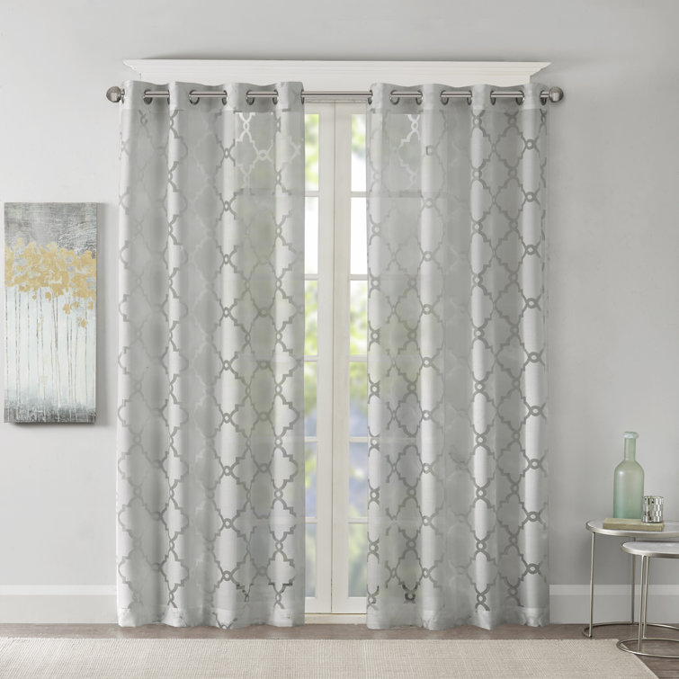 Gray Sheer Grommet Top Fretwork Curtain Panel 50x95