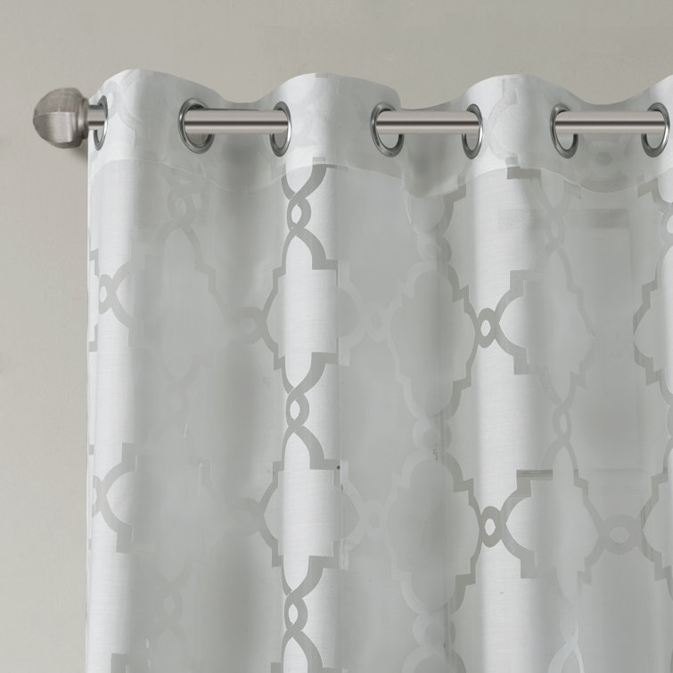 Gray Sheer Grommet Top Fretwork Curtain Panel 50x95