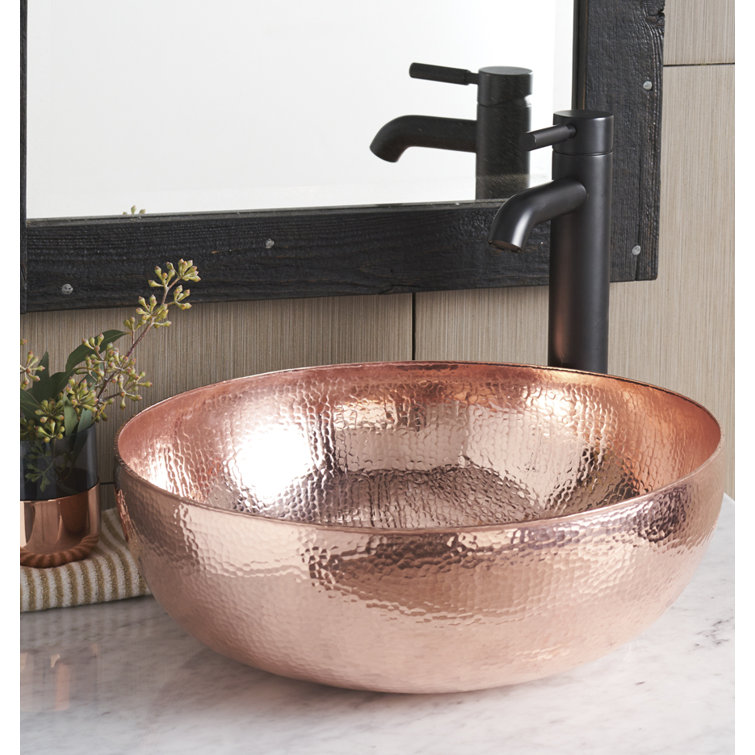 Polished Copper Round Vessel Sink with Hammered Finish