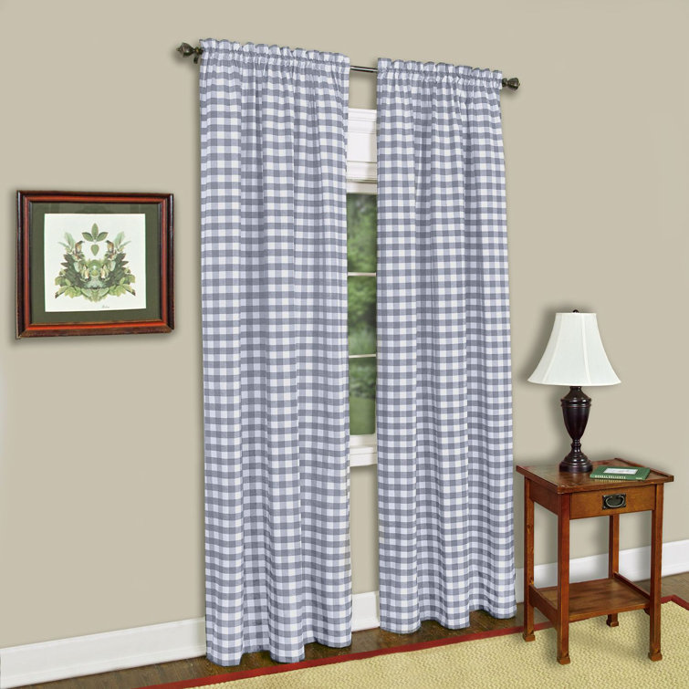 Gray Plaid Cotton Blend Rod Pocket Window Curtain Panel