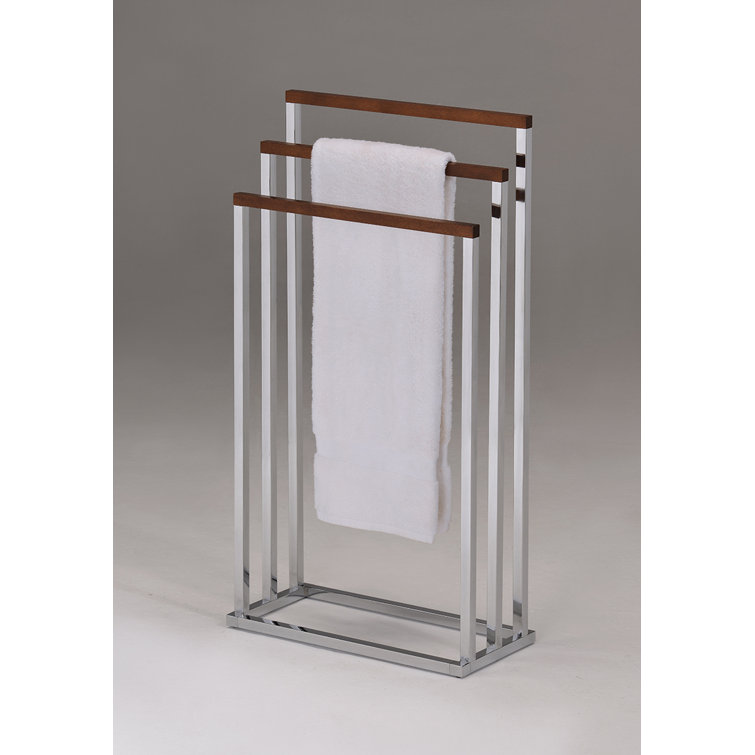 Chrome and Walnut 3-Tier Freestanding Towel Stand