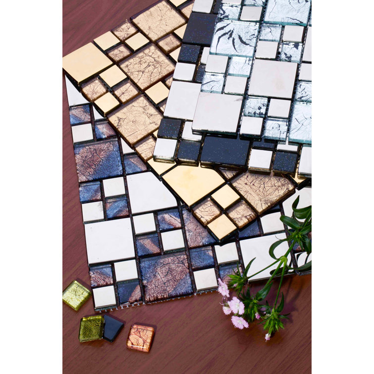Polished Black and Silver Glass Mosaic Tile Sheet