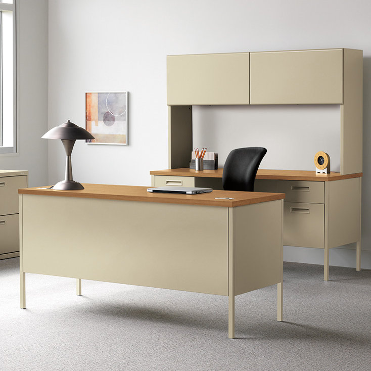 Harvest and Putty Steel Computer Desk with Filing Cabinet