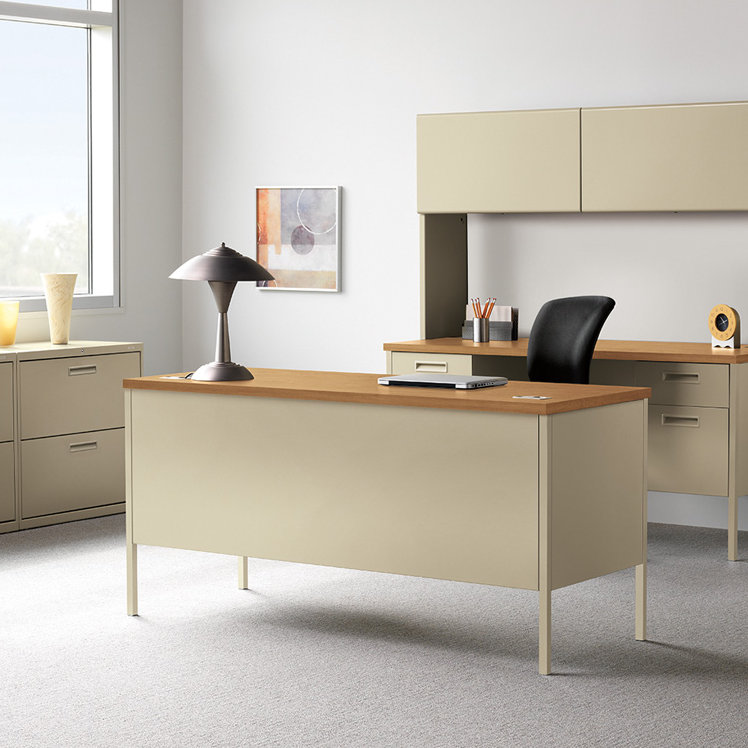 Harvest and Putty Steel Computer Desk with Filing Cabinet