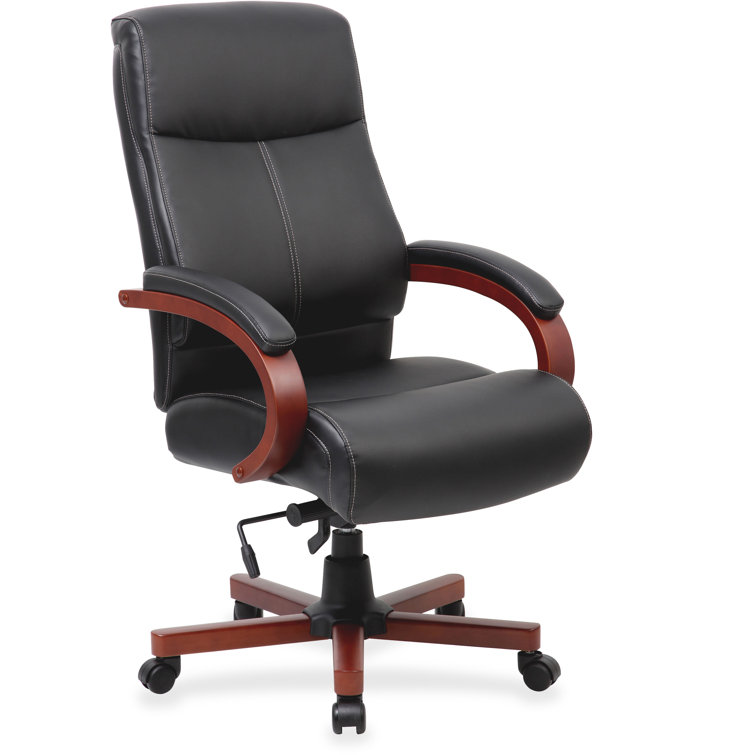 High Back Black Leather Executive Swivel Chair with Cherry Wood Finish