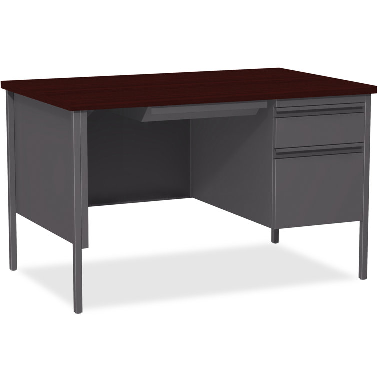 Mahogany and Steel Single Pedestal Desk with Drawer and Filing Cabinet