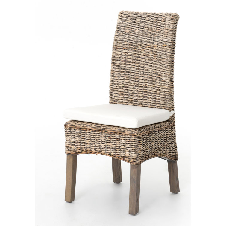 Tall-Backed Modern Mahogany and Banana Leaf Weave Side Chair with Cushion