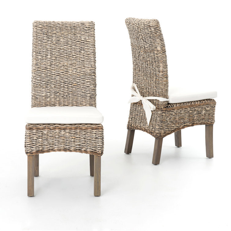 Tall-Backed Modern Mahogany and Banana Leaf Weave Side Chair with Cushion