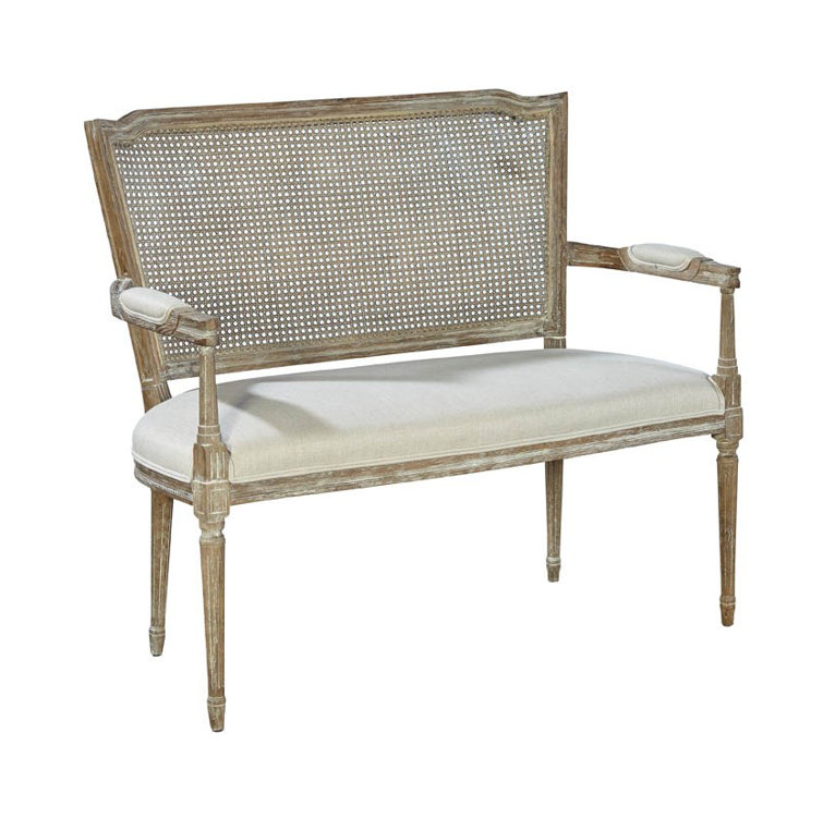 Gray Oak and Cane Back Settee with Linen Upholstery