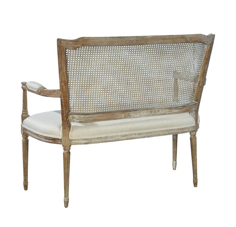 Gray Oak and Cane Back Settee with Linen Upholstery