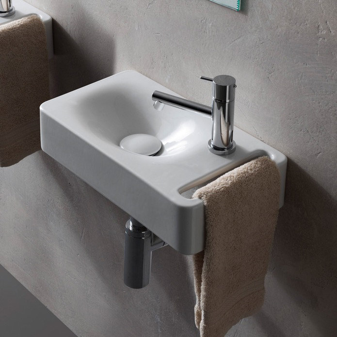 White Ceramic Wall-Mounted Rectangular Sink with Towel Holder