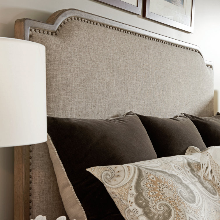 Sophisticated Flax Linen Camelback Queen Headboard with Antique Brass Nailhead Trim